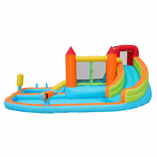 Castelo insuflável com 2 piscinas - Com ventilador, escorrega aquático + trampolim + aro de basquetebol + pistola de água, uso seco e molhado