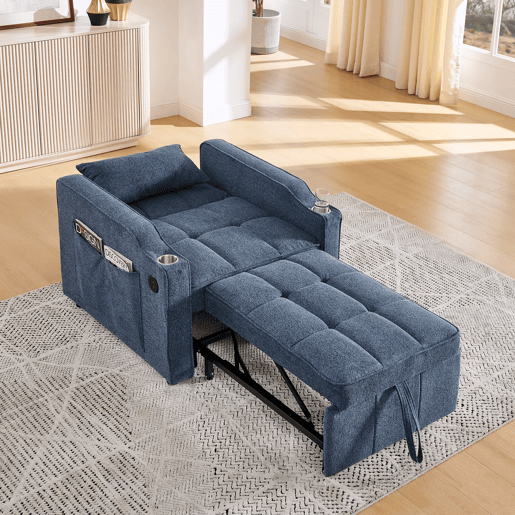 Sofá-cama de 1 lugar - Mecanismo deslizante, porta USB, estilo luxuoso e elegante - Azul-marinho
