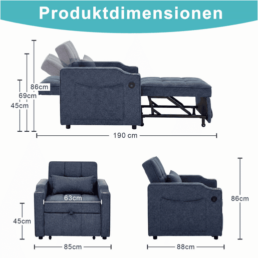 Sofá-cama de 1 lugar - Mecanismo deslizante, porta USB, estilo luxuoso e elegante - Azul-marinho