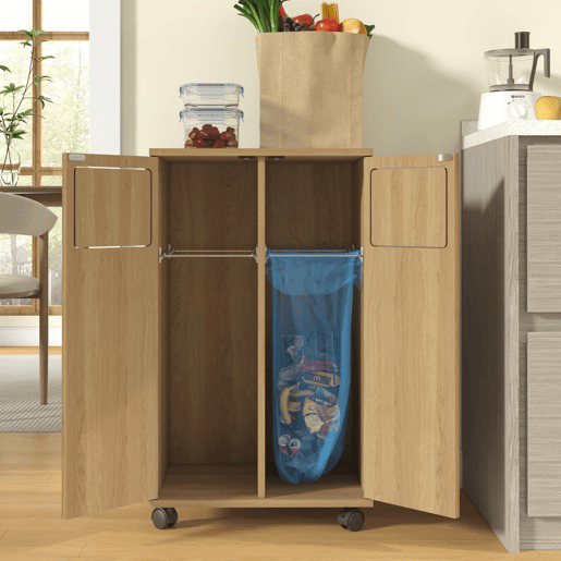 Armário para lixo com 2 compartimentos, 46,7 x 35 x 80 cm u2013 com rodízios, acabamento em carvalho, 2 portas, separador de resíduos u2013 Natural