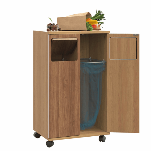 Armário para lixo com 2 compartimentos, 46,7 x 35 x 80 cm u2013 com rodízios, acabamento em carvalho, 2 portas, separador de resíduos u2013 Natural