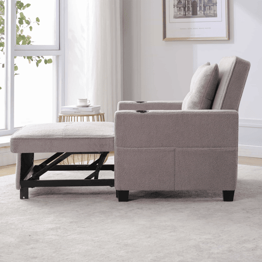Sofá-cama de 1 lugar - 3 em 1, com porta-copos e porta USB, reclinável e convertível - Cinza