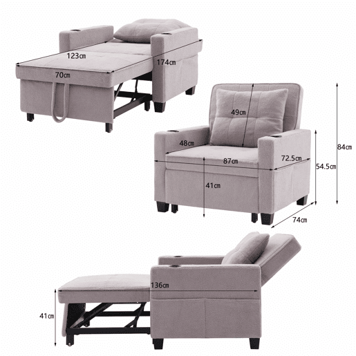 Sofá-cama de 1 lugar - 3 em 1, com porta-copos e porta USB, reclinável e convertível - Cinza