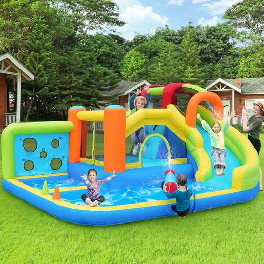 Castelo insuflável com soprador - parque aquático multifuncional + trampolim para crianças, escorregador, parede de lançamento, aro de basquetebol, parede de escalada - Azul