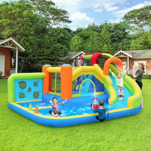 Castelo insuflável com soprador - parque aquático multifuncional + trampolim para crianças, escorregador, parede de lançamento, aro de basquetebol, parede de escalada - Azul