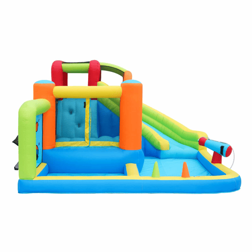 Castelo insuflável com soprador - parque aquático multifuncional + trampolim para crianças, escorregador, parede de lançamento, aro de basquetebol, parede de escalada - Azul