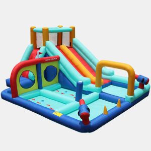 Castelo insuflável com ventilador - Parque aquático exterior multifuncional com escorregas duplos, parede de escalada, pistola de água, fonte e postes de boxe - Azul