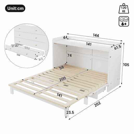 Cama rebatível 140x200 cm - Gavetas inferiores, USB e tomada, LED, Plataforma convertível, Sem colchão, Branco
