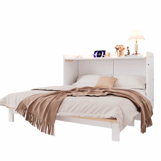 Cama rebatível 140x200 cm - Gavetas inferiores, USB e tomada, LED, Plataforma convertível, Sem colchão, Branco