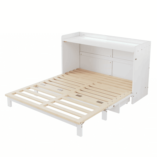 Cama rebatível 140x200 cm - Gavetas inferiores, USB e tomada, LED, Plataforma convertível, Sem colchão, Branco