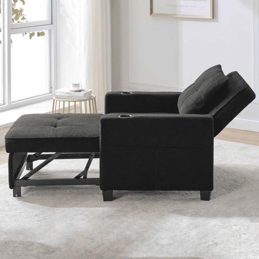 Sofá-cama de 1 lugar - 3 em 1, com porta-copos e porta USB, sofá reclinável e poltrona - Preto