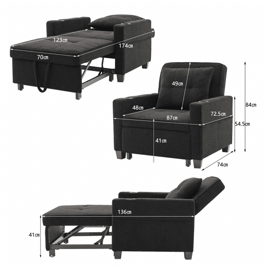 Sofá-cama de 1 lugar - 3 em 1, com porta-copos e porta USB, sofá reclinável e poltrona - Preto