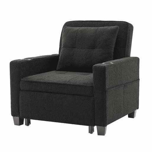 Sofá-cama de 1 lugar - 3 em 1, com porta-copos e porta USB, sofá reclinável e poltrona - Preto