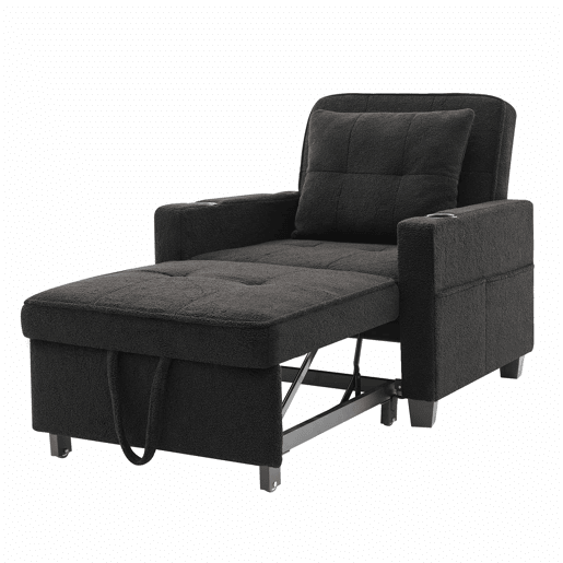 Sofá-cama de 1 lugar - 3 em 1, com porta-copos e porta USB, sofá reclinável e poltrona - Preto