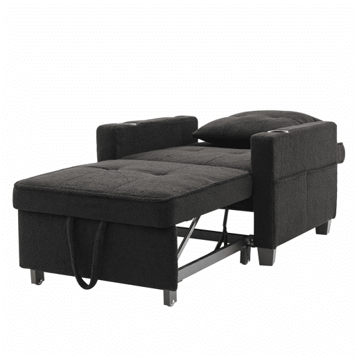 Sofá-cama de 1 lugar - 3 em 1, com porta-copos e porta USB, sofá reclinável e poltrona - Preto