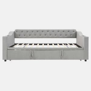 Cama com gavetão 90180x190 cm - com tomadas e compartimento para arrumação - tecido aveludado - Cinzento