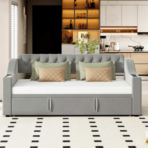 Cama com gavetão 90180x190 cm - com tomadas e compartimento para arrumação - tecido aveludado - Cinzento