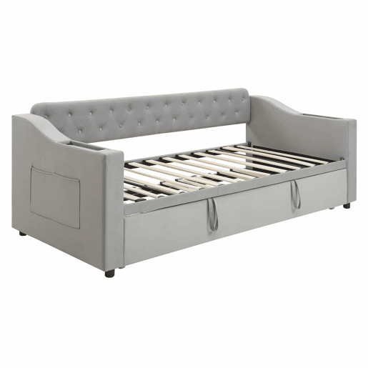 Cama com gavetão 90180x190 cm - com tomadas e compartimento para arrumação - tecido aveludado - Cinzento