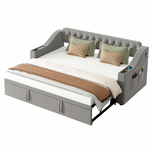 Cama com gavetão 90180x190 cm - com tomadas e compartimento para arrumação - tecido aveludado - Cinzento