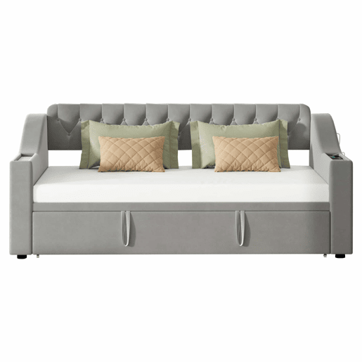 Cama com gavetão 90180x190 cm - com tomadas e compartimento para arrumação - tecido aveludado - Cinzento