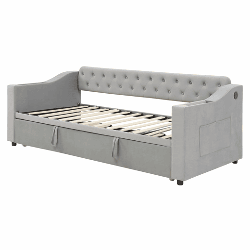 Cama com gavetão 90180x190 cm - com tomadas e compartimento para arrumação - tecido aveludado - Cinzento