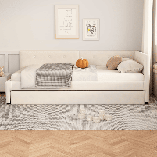Cama Daybett 90x200 cm - Cama de día con cama adicional, sofá cama, cama individual, estilo minimalista - Beige