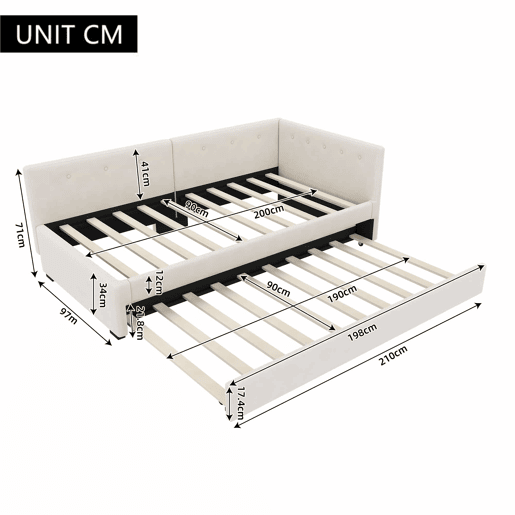 Cama Daybett 90x200 cm - Cama de día con cama adicional, sofá cama, cama individual, estilo minimalista - Beige