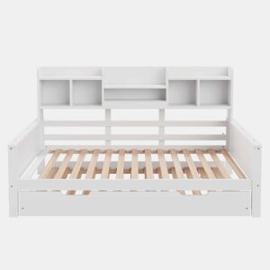 Sofá-cama extensível 90200 cm - Com cama extraível 90190 cm, com compartimento de arrumação e estrado, cama multifuncional em pinho, cama individual, Branco