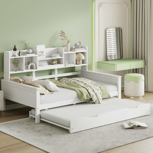 Sofá-cama extensível 90200 cm - Com cama extraível 90190 cm, com compartimento de arrumação e estrado, cama multifuncional em pinho, cama individual, Branco