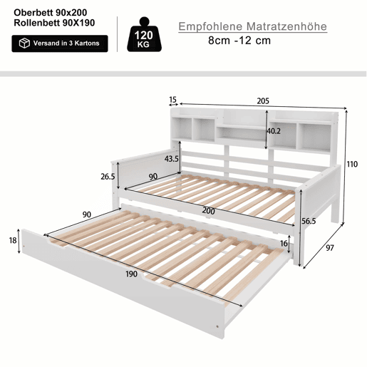 Sofá-cama extensível 90200 cm - Com cama extraível 90190 cm, com compartimento de arrumação e estrado, cama multifuncional em pinho, cama individual, Branco
