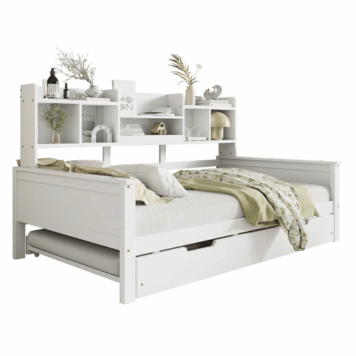 Sofá-cama extensível 90200 cm - Com cama extraível 90190 cm, com compartimento de arrumação e estrado, cama multifuncional em pinho, cama individual, Branco