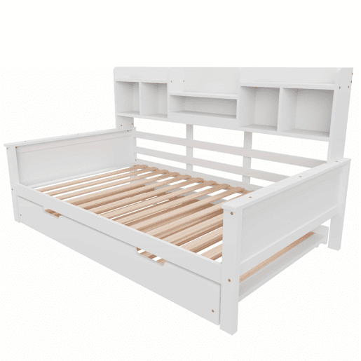 Sofá-cama extensível 90200 cm - Com cama extraível 90190 cm, com compartimento de arrumação e estrado, cama multifuncional em pinho, cama individual, Branco