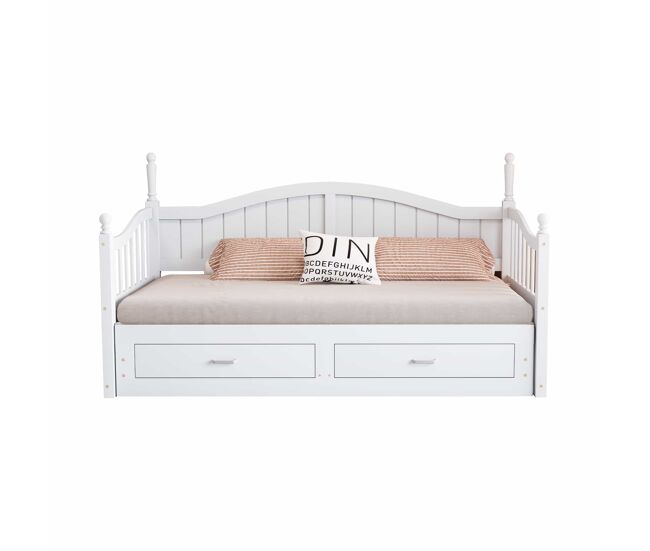 Sofá cama extensible 90/180*190 cm - con columnas romanas, respaldo curvado, reposabrazos, con cajones y somier, cama multifuncional de pino - blanco