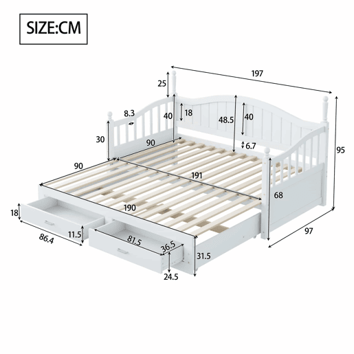 Sofá-cama extensível 90180*190 cm - com colunas romanas, encosto curvo, apoios de braços, com gavetas e estrado, cama multifuncional em pinho - Branco