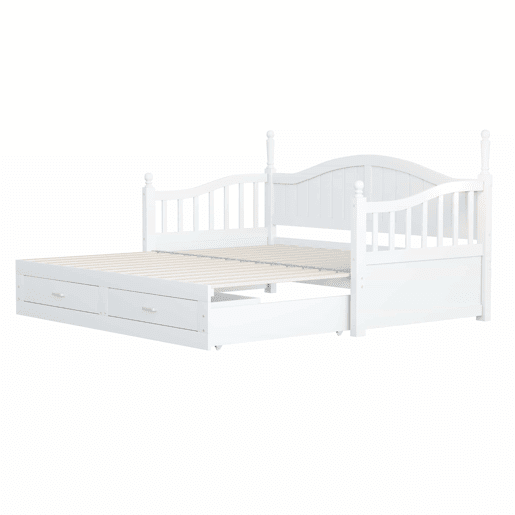 Sofá-cama extensível 90180*190 cm - com colunas romanas, encosto curvo, apoios de braços, com gavetas e estrado, cama multifuncional em pinho - Branco