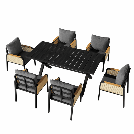 Conjunto de sofá de jardim moderno - estrutura de ferro, braços trançados, inclui almofadas, conjunto para lazer e reuniões - Preto e Natural