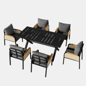 Conjunto de sofá de jardim moderno - estrutura de ferro, braços trançados, inclui almofadas, conjunto para lazer e reuniões - Preto e Natural