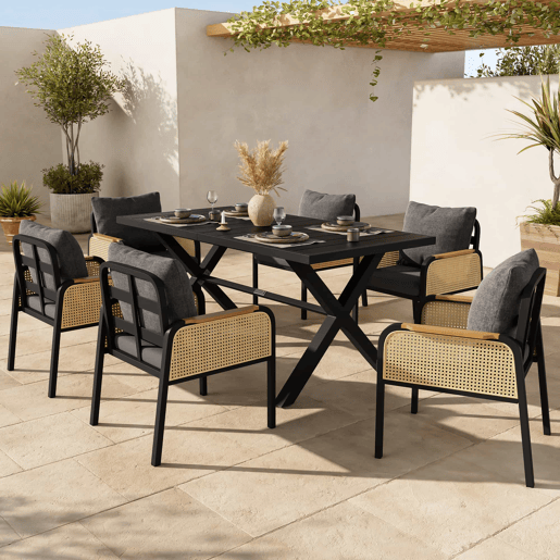 Conjunto de sofá de jardim moderno - estrutura de ferro, braços trançados, inclui almofadas, conjunto para lazer e reuniões - Preto e Natural