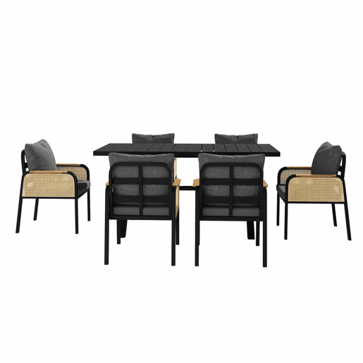 Conjunto de sofá de jardim moderno - estrutura de ferro, braços trançados, inclui almofadas, conjunto para lazer e reuniões - Preto e Natural