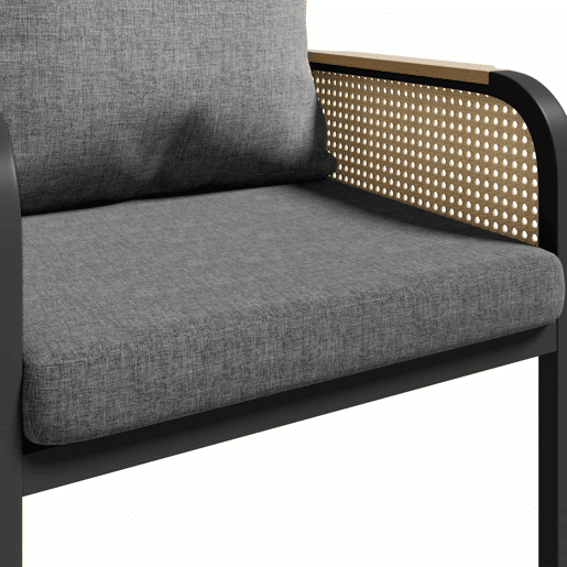 Conjunto de sofá de jardim moderno - estrutura de ferro, braços trançados, inclui almofadas, conjunto para lazer e reuniões - Preto e Natural