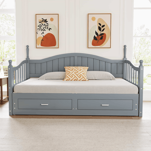 Sofá-cama extensível 90180*190 cm - com colunas romanas, encosto curvo, apoios de braços, gavetas e estrado - Cinza