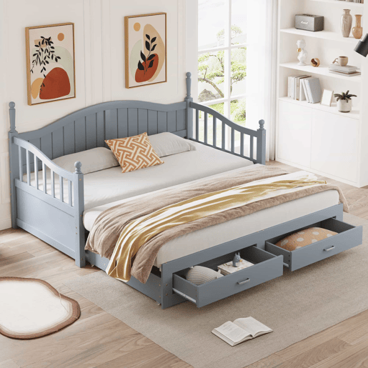 Sofá-cama extensível 90180*190 cm - com colunas romanas, encosto curvo, apoios de braços, gavetas e estrado - Cinza