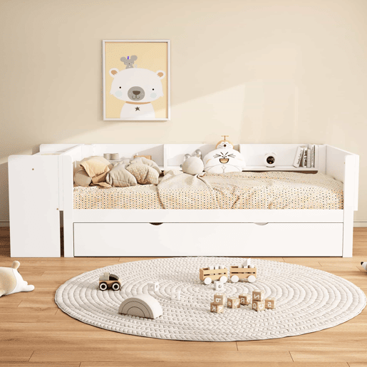Cama individual 90x200 cm com cama com gavetão - com secretária lateral - Branco