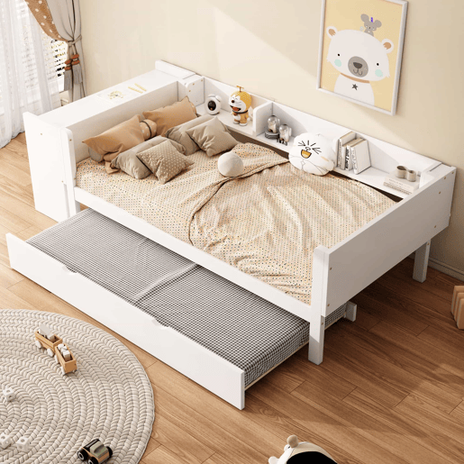 Cama individual 90x200 cm com cama com gavetão - com secretária lateral - Branco