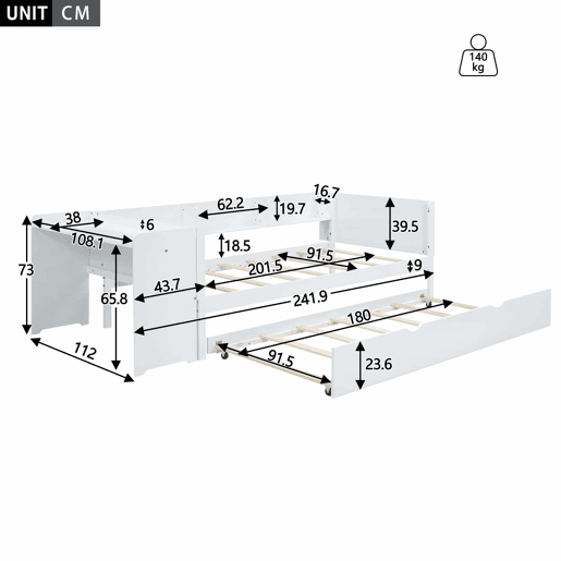 Cama individual 90x200 cm com cama com gavetão - com secretária lateral - Branco