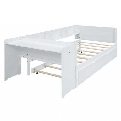 Cama individual 90x200 cm com cama com gavetão - com secretária lateral - Branco