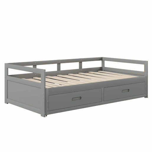 Cama de rodízio em madeira de pinho - com gavetas - 90180x200cm - Cinzento