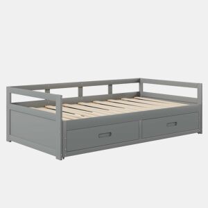 Cama de rodízio em madeira de pinho - com gavetas - 90180x200cm - Cinzento