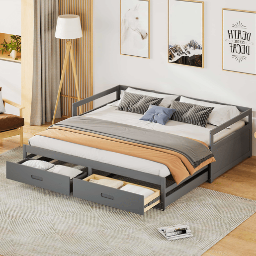 Cama de rodízio em madeira de pinho - com gavetas - 90180x200cm - Cinzento