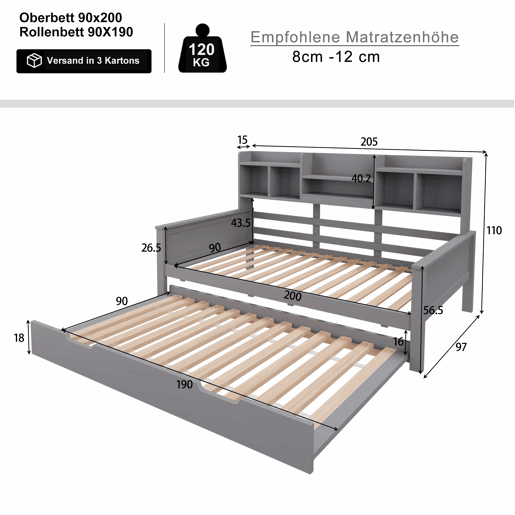 Sofá-cama extensível 90*200 cm - com arrumação e estrado, madeira de pinho, cama individual - Cinza Sofá-cama extensível 90*200 cm - com arrumação e estrado, madeira de pinho, cama individual - Cinza